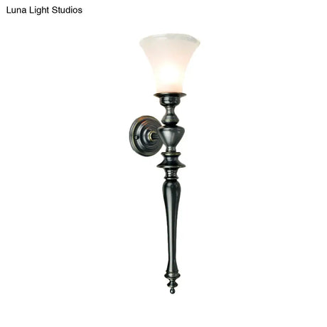 Retro Black Flared Wall Sconce: Cream Glass Linear Metal Arm - Perfect For Living Room