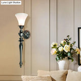 Retro Black Flared Wall Sconce: Cream Glass Linear Metal Arm - Perfect For Living Room