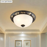 Retro Black Glass Ceiling Fixture With Embossed Rose Edge - Bedroom Flush Mount Lighting