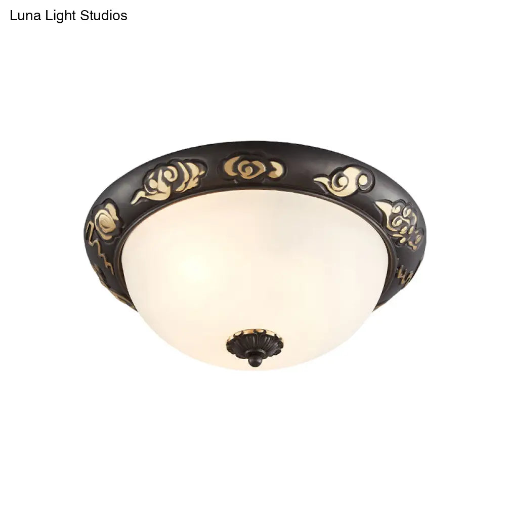 Retro Black Glass Ceiling Fixture With Embossed Rose Edge - Bedroom Flush Mount Lighting