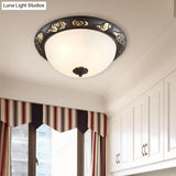 Retro Black Glass Ceiling Fixture With Embossed Rose Edge - Bedroom Flush Mount Lighting