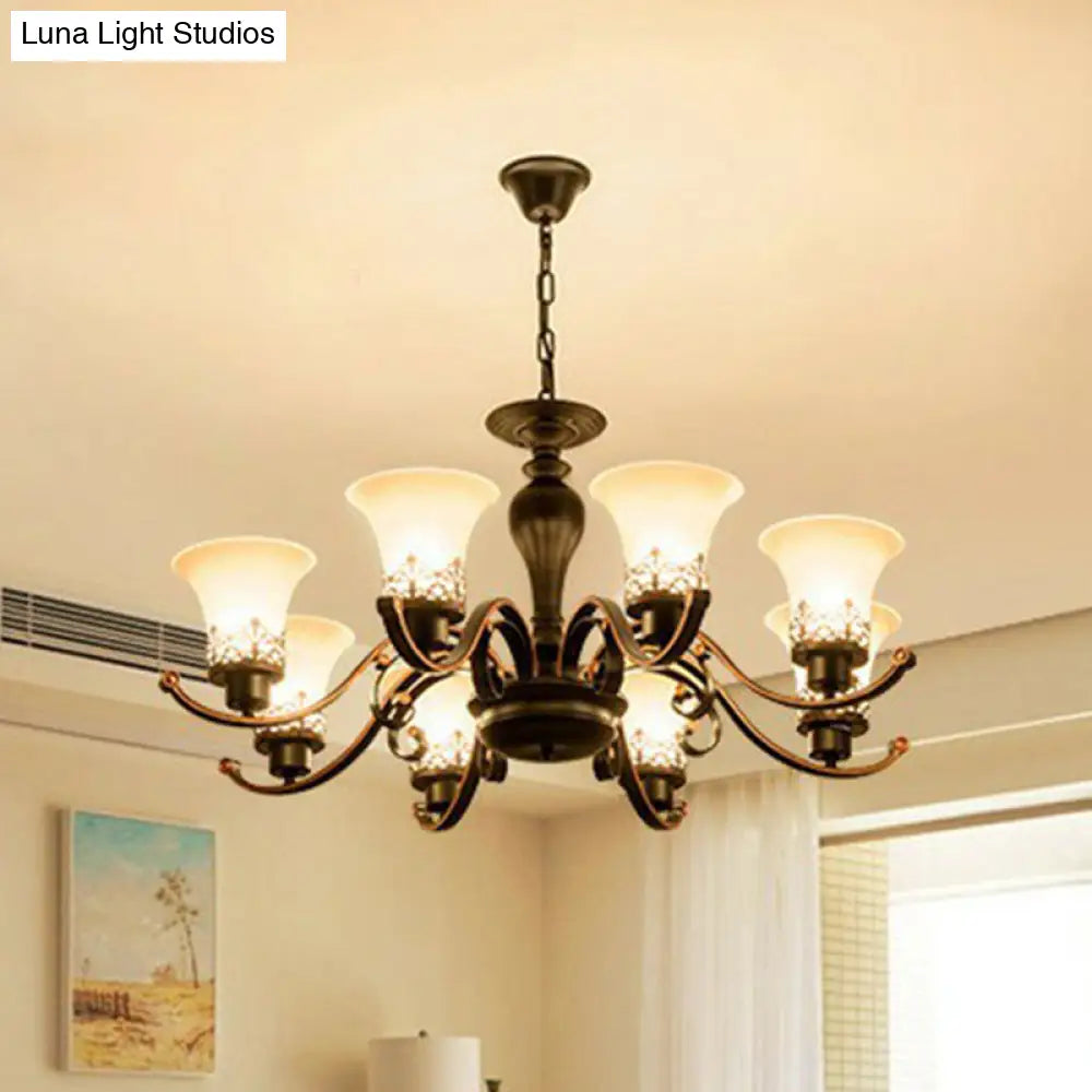 Retro Black Glass Flare Chandelier - Cream Pendant Light For Living Room