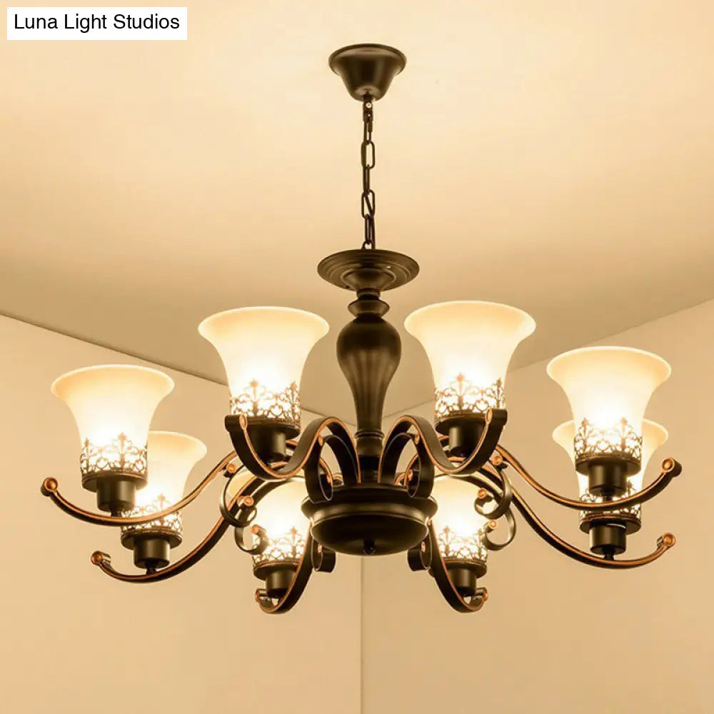 Retro Black Glass Flare Chandelier - Cream Pendant Light For Living Room