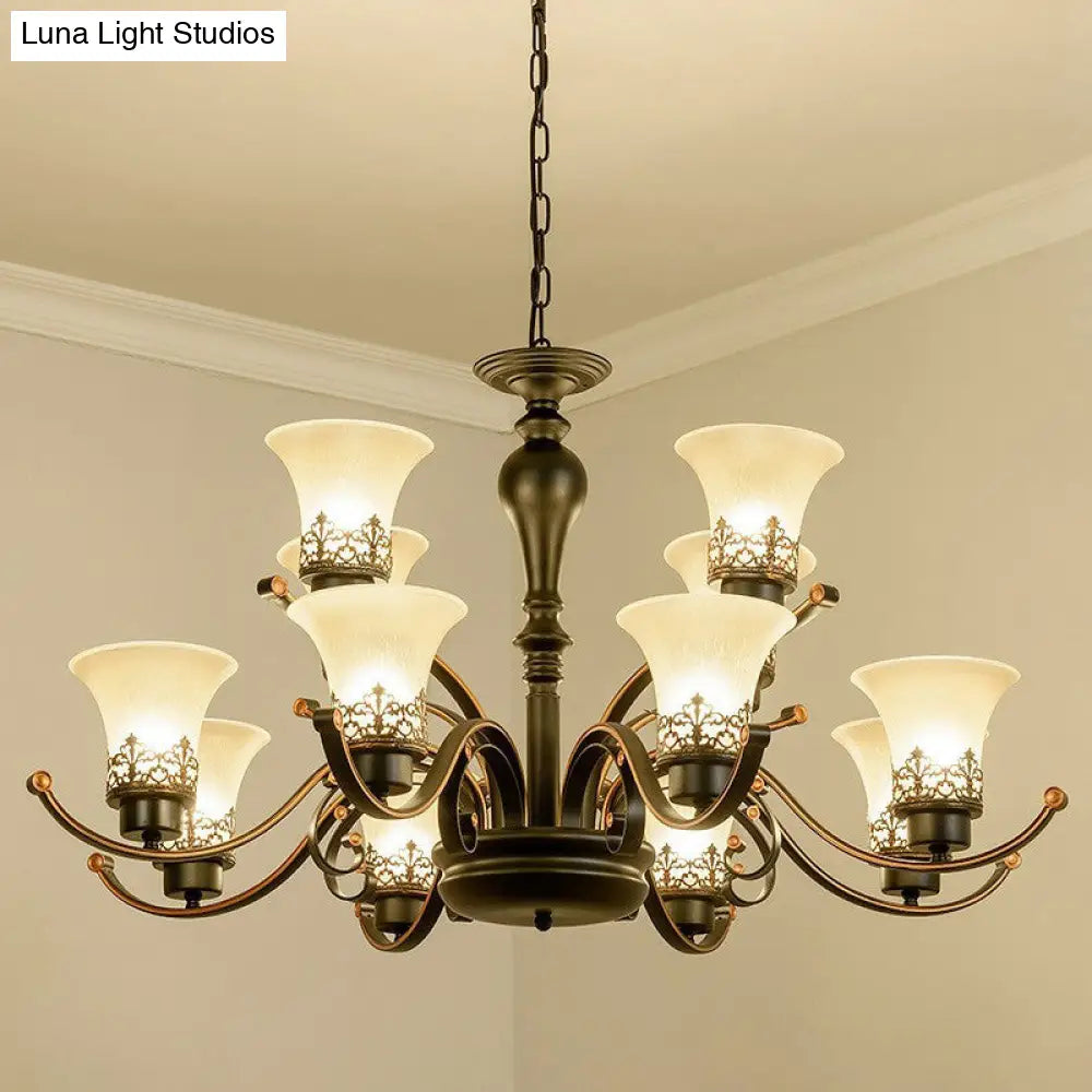 Retro Black Glass Flare Chandelier - Cream Pendant Light For Living Room