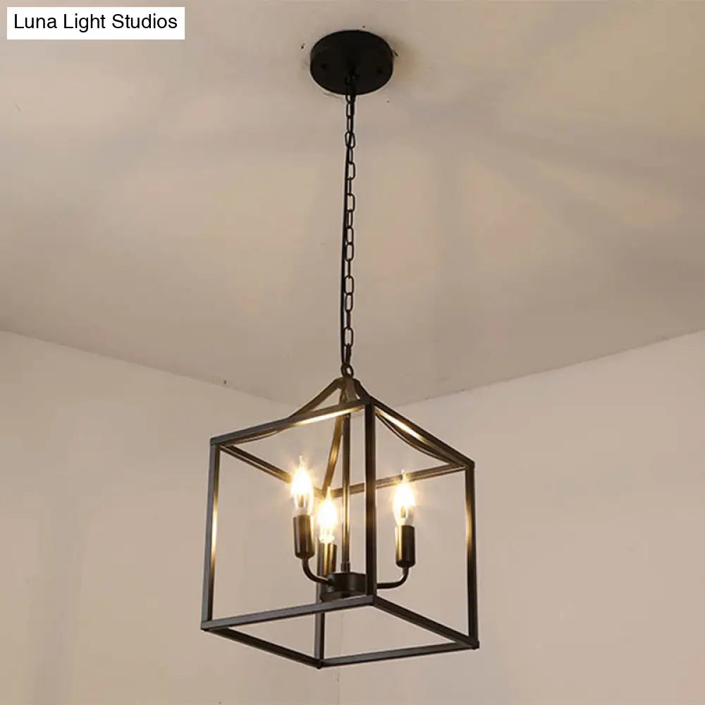 Retro Black Pendant Light: Square Cage Chandelier With 3 Lights Metal Lamp For Dining Room