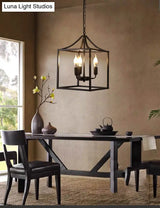 Retro Black Pendant Light: Square Cage Chandelier With 3 Lights Metal Lamp For Dining Room