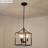 Retro Black Pendant Light: Square Cage Chandelier With 3 Lights Metal Lamp For Dining Room