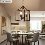 Retro Black Pendant Light: Square Cage Chandelier With 3 Lights Metal Lamp For Dining Room