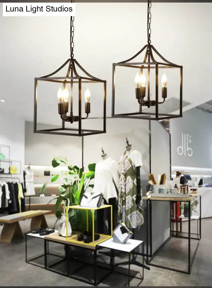 Retro Black Pendant Light: Square Cage Chandelier With 3 Lights Metal Lamp For Dining Room