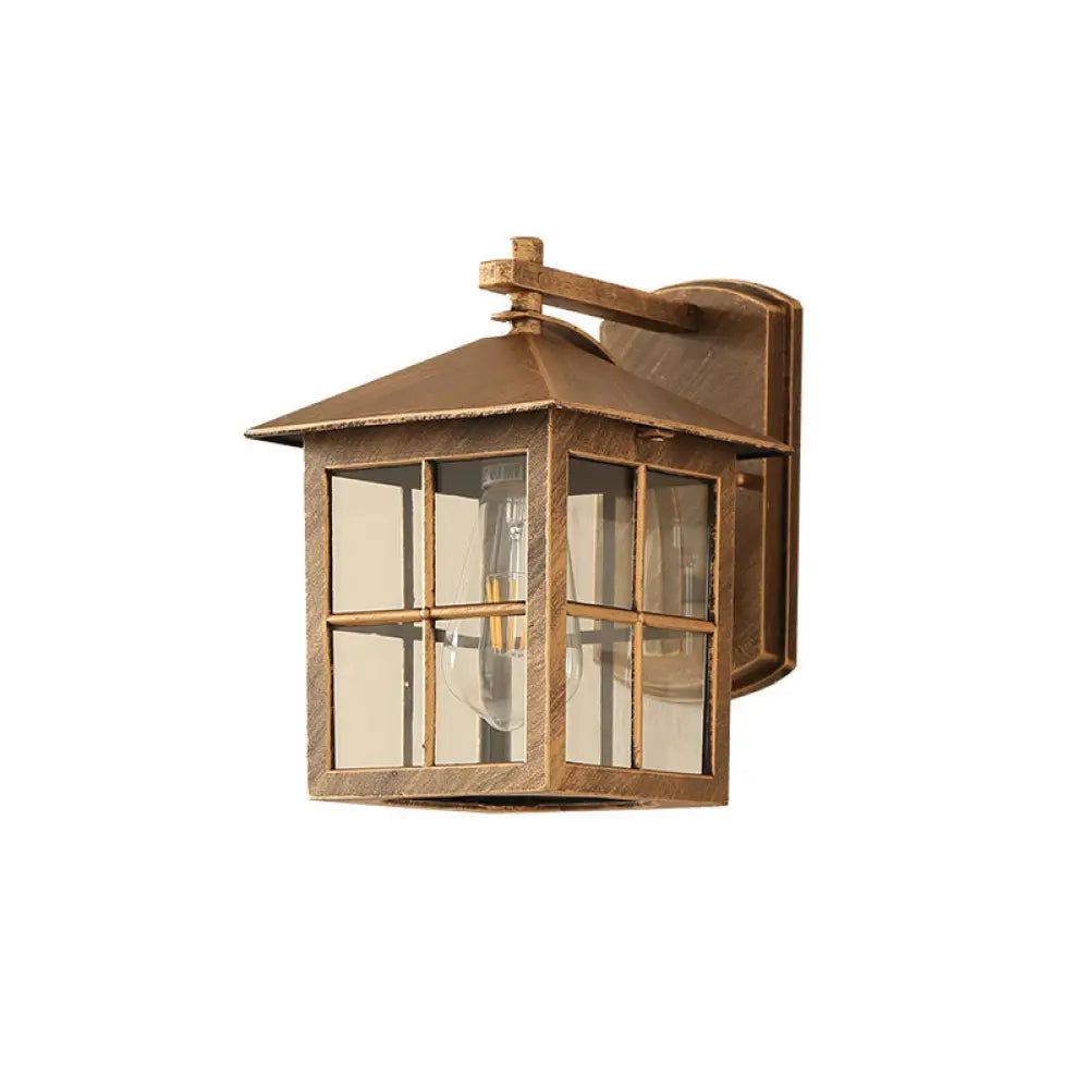 Retro Clear Glass Wall Sconce Light - 1-Light Outdoor Courtyard Mount Bronze