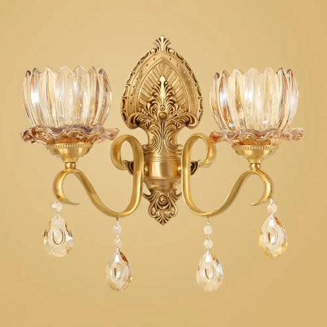 Retro Clear Prismatic Glass Brass Wall Sconce With Decorative Crystal Flower Living Room Light 2 /