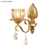 Retro Clear Prismatic Glass Brass Wall Sconce With Decorative Crystal Flower Living Room Light