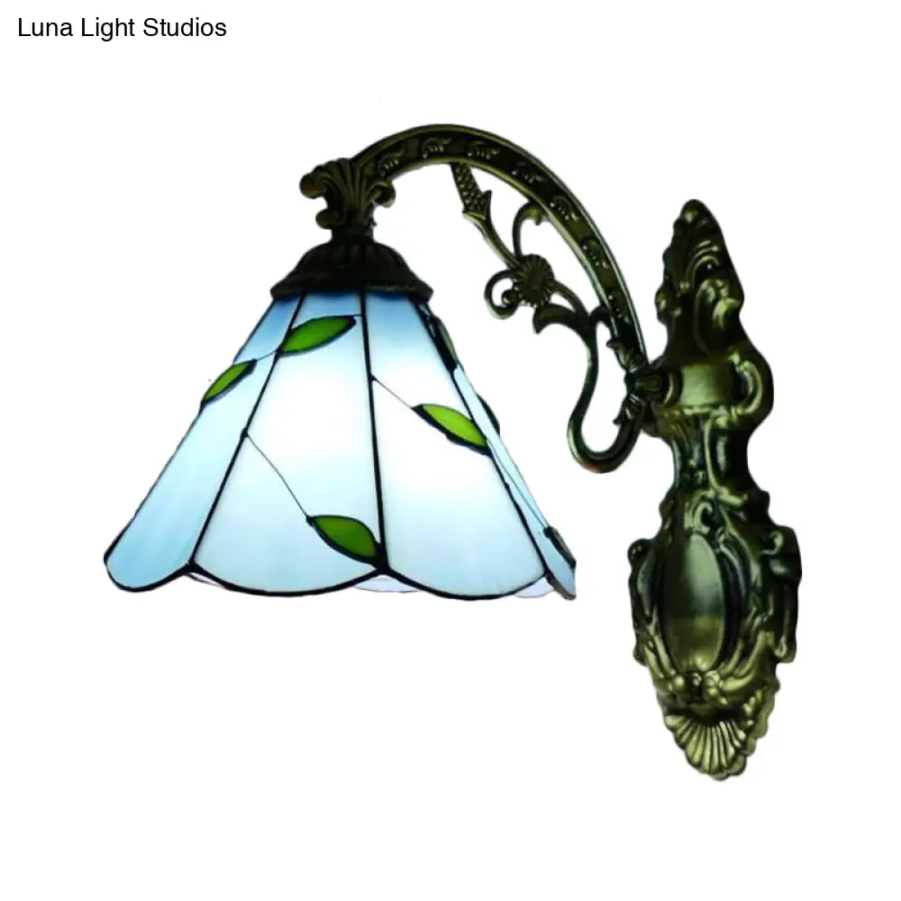 Retro Cone-Shaped Wall Sconce With Stained Glass And 1 Light For Stairway