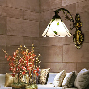 Retro Cone-Shaped Wall Sconce With Stained Glass And 1 Light For Stairway White