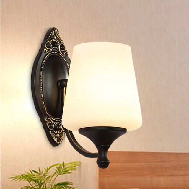 Retro Conical Sconce Wall Light 1/2-Light White Glass Fixture With Black Metal Curved Arm 1 /