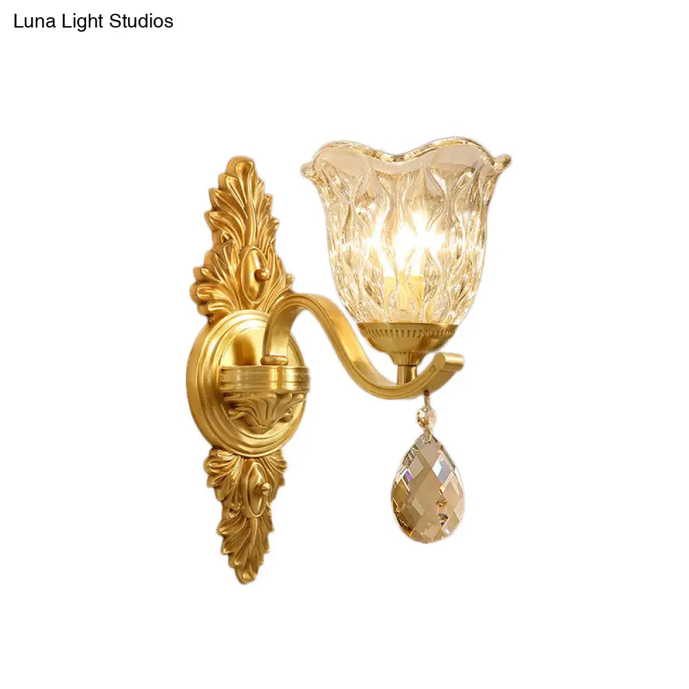 Retro Crystal Flower Wall Lamp - 1 Light Gold Flush Sconce For Living Room