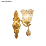 Retro Crystal Flower Wall Lamp - 1 Light Gold Flush Sconce For Living Room