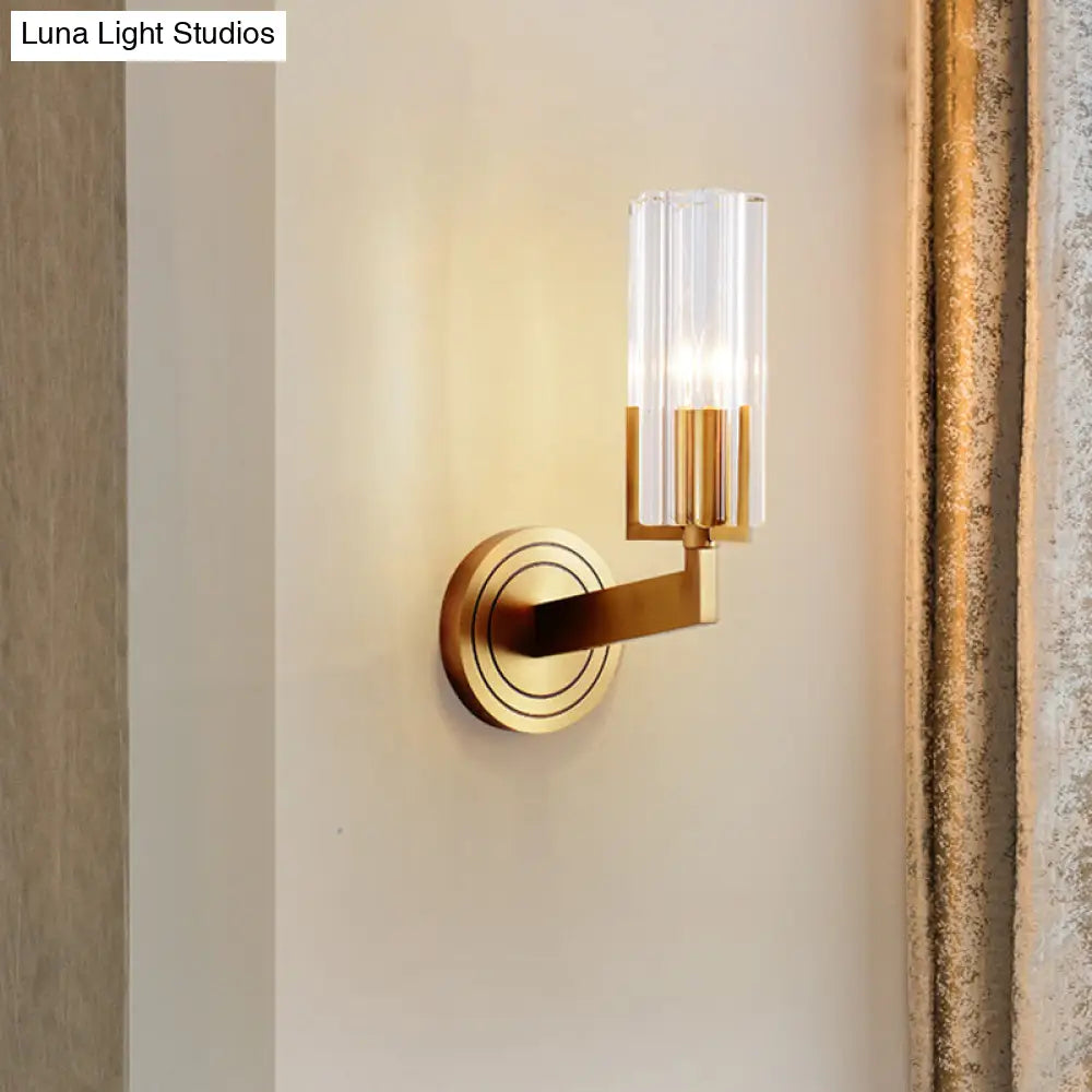 Retro Crystal Ribbed Wall Lamp With Brass Flush Sconce For Living Room - 1/2 Lights