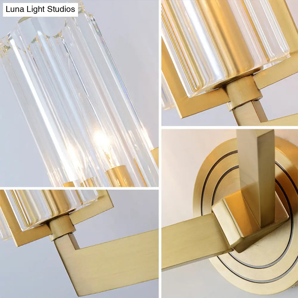 Retro Crystal Ribbed Wall Lamp With Brass Flush Sconce For Living Room - 1/2 Lights
