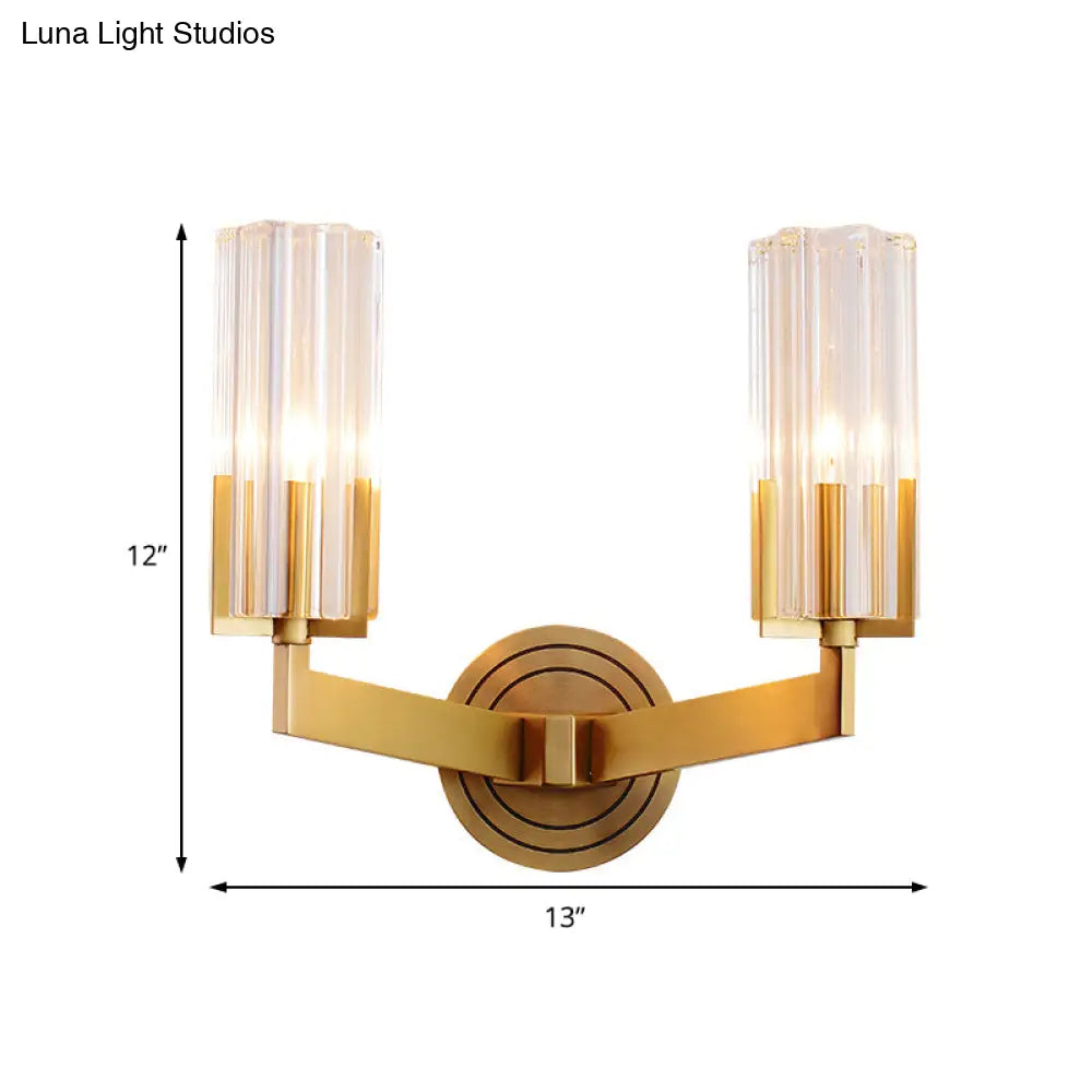 Retro Crystal Ribbed Wall Lamp With Brass Flush Sconce For Living Room - 1/2 Lights