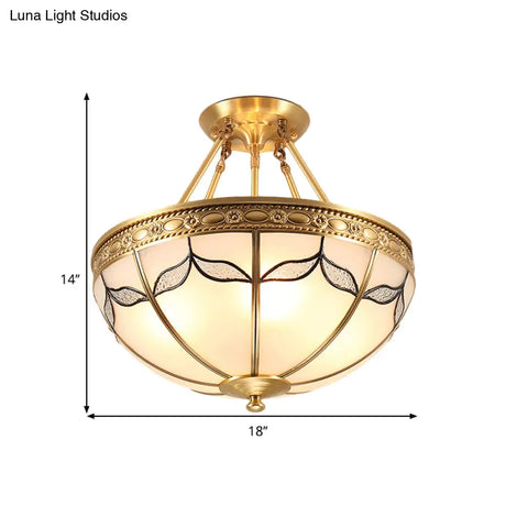 Retro Dome Ceiling Light With Milkglass & Leaf Pattern - Semi Flush Mount (3/4 Bulbs) Brass Finish