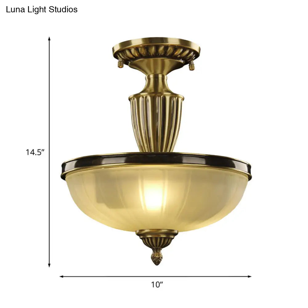 Retro Dome Glass Ceiling Light With Gold Metal Rod - 2-Bulb Semi Mount Lighting