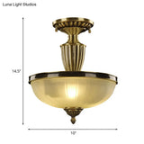 Retro Dome Glass Ceiling Light With Gold Metal Rod - 2-Bulb Semi Mount Lighting