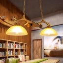 Retro Dome Pendant Light With Beige Glass And Decorative Deer Horn - Set Of 2