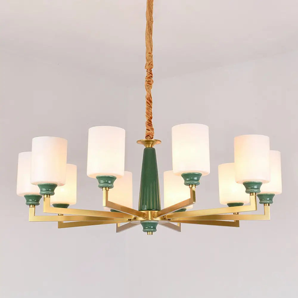 Retro Emerald White Glass Cylindrical Chandelier - Suspended Lighting Fixture With 3/8/12 Lights 10