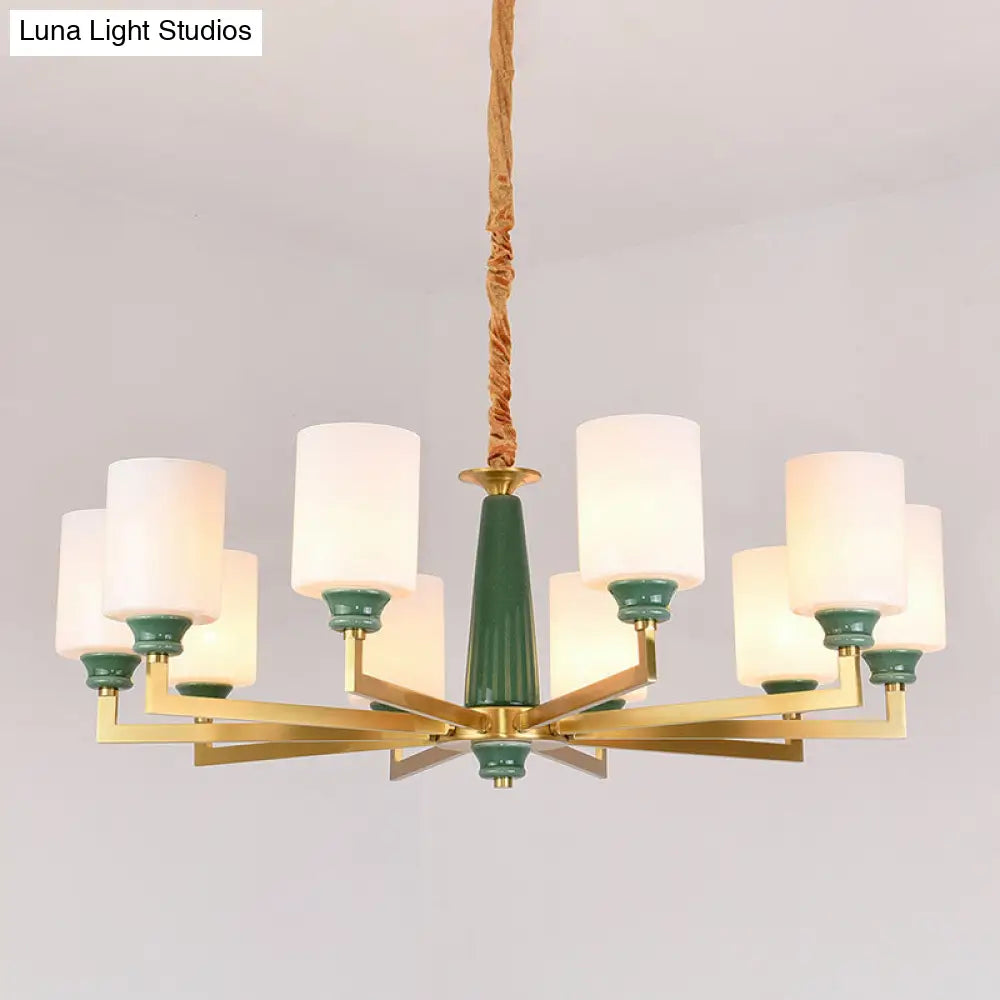 Retro Emerald White Glass Cylindrical Chandelier - Suspended Lighting Fixture With 3/8/12 Lights