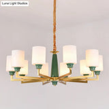 Retro Emerald White Glass Cylindrical Chandelier - Suspended Lighting Fixture With 3/8/12 Lights