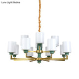 Retro Emerald White Glass Cylindrical Chandelier - Suspended Lighting Fixture With 3/8/12 Lights