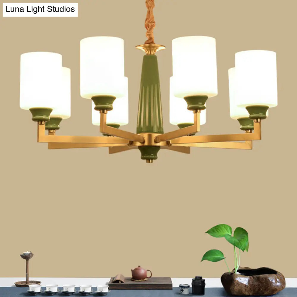 Retro Emerald White Glass Cylindrical Chandelier - Suspended Lighting Fixture With 3/8/12 Lights