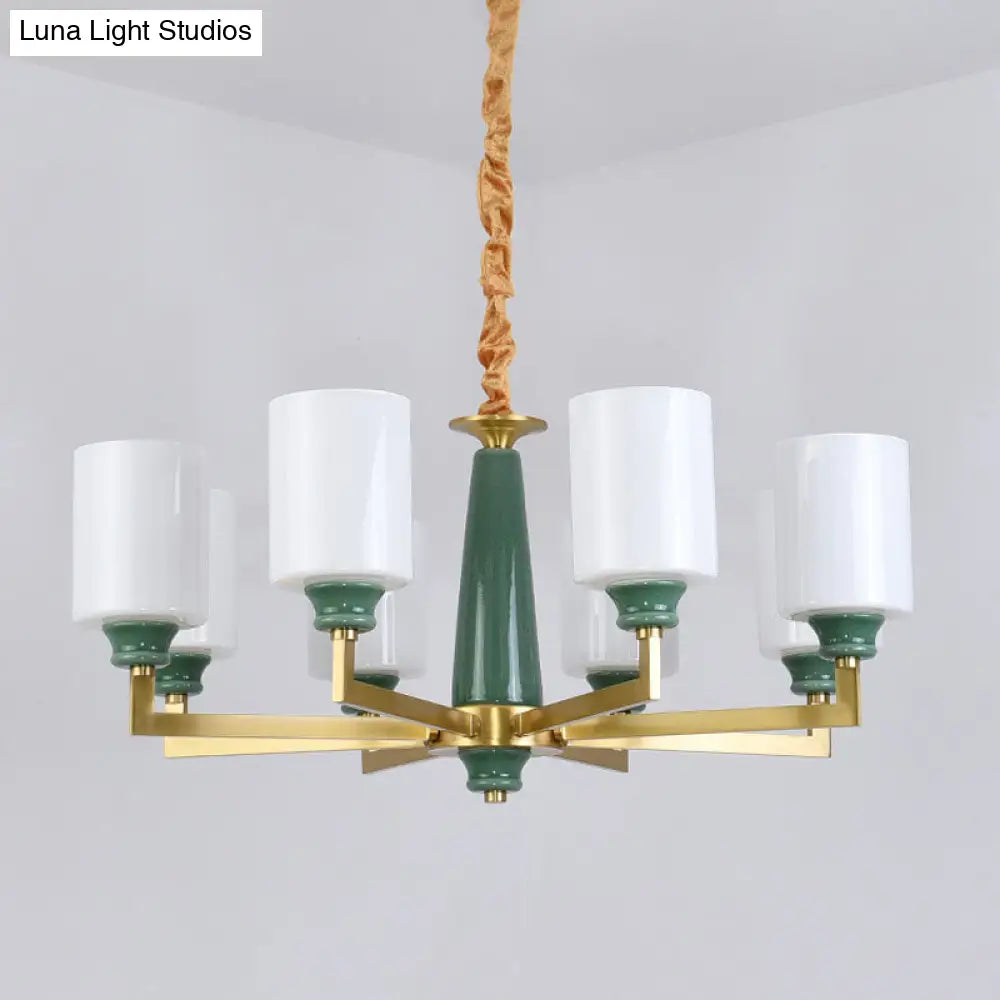 Retro Emerald White Glass Cylindrical Chandelier - Suspended Lighting Fixture With 3/8/12 Lights