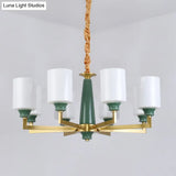 Retro Emerald White Glass Cylindrical Chandelier - Suspended Lighting Fixture With 3/8/12 Lights