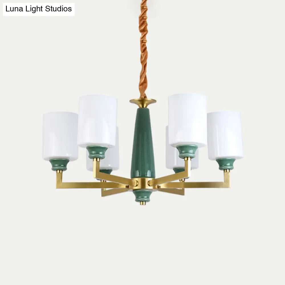 Retro Emerald White Glass Cylindrical Chandelier - Suspended Lighting Fixture With 3/8/12 Lights