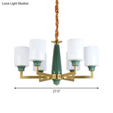 Retro Emerald White Glass Cylindrical Chandelier - Suspended Lighting Fixture With 3/8/12 Lights