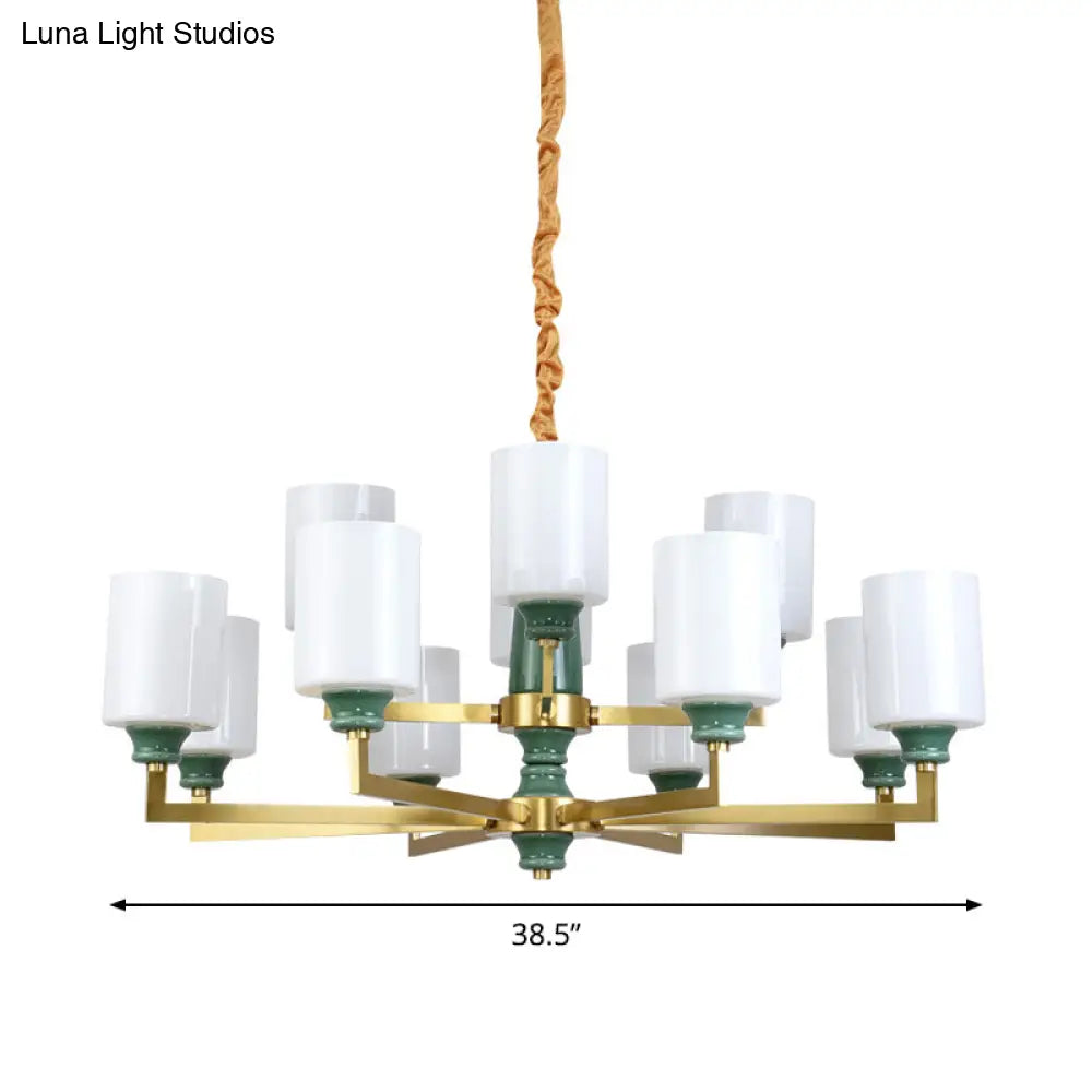 Retro Emerald White Glass Cylindrical Chandelier - Suspended Lighting Fixture With 3/8/12 Lights