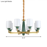 Retro Emerald White Glass Cylindrical Chandelier - Suspended Lighting Fixture With 3/8/12 Lights