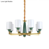Retro Emerald White Glass Cylindrical Chandelier - Suspended Lighting Fixture With 3/8/12 Lights