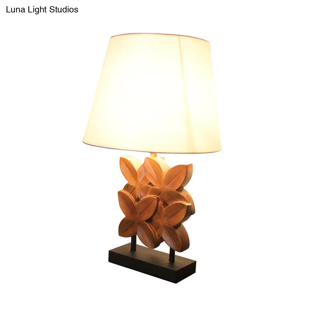 Retro Fabric Table Lamp With Empire Shade And Carved Wood Leaf Base - White Nightstand Lighting 1