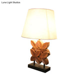 Retro Fabric Table Lamp With Empire Shade And Carved Wood Leaf Base - White Nightstand Lighting 1