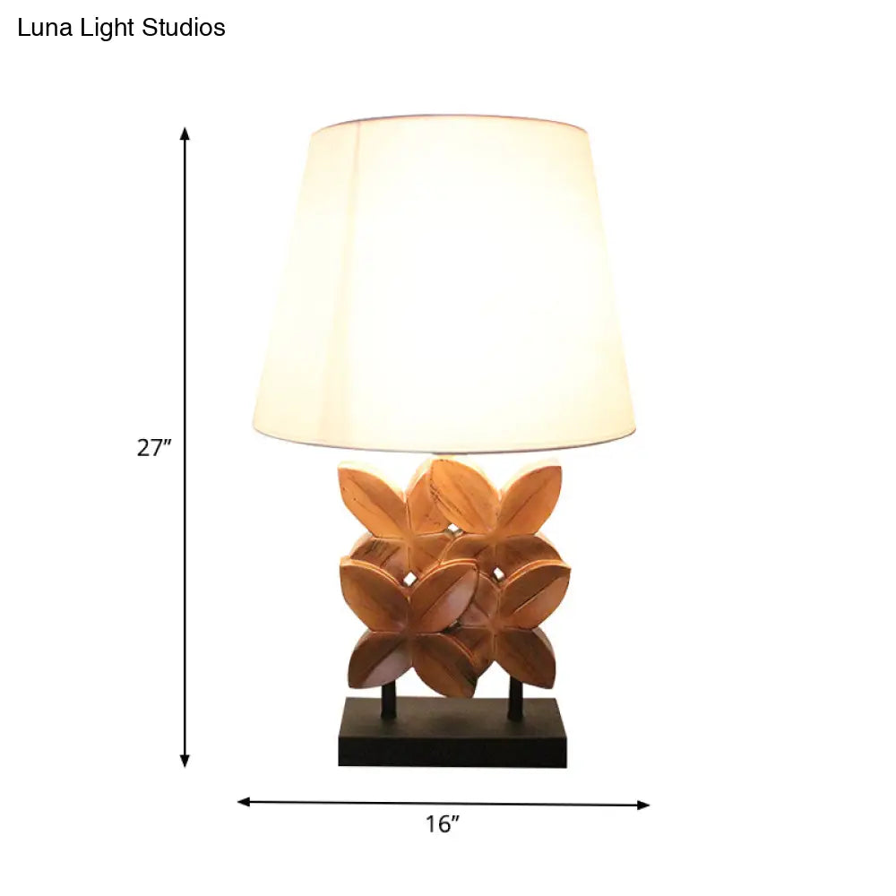 Retro Fabric Table Lamp With Empire Shade And Carved Wood Leaf Base - White Nightstand Lighting 1