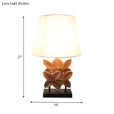Retro Fabric Table Lamp With Empire Shade And Carved Wood Leaf Base - White Nightstand Lighting 1