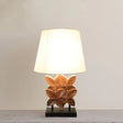 Retro Fabric Table Lamp With Empire Shade And Carved Wood Leaf Base - White Nightstand Lighting 1