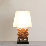 Retro Fabric Table Lamp With Empire Shade And Carved Wood Leaf Base - White Nightstand Lighting 1