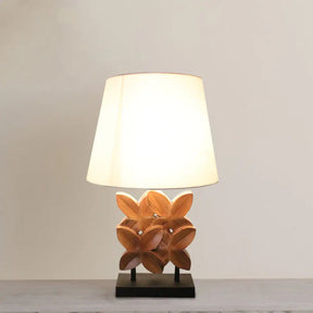 Retro Fabric Table Lamp With Empire Shade And Carved Wood Leaf Base - White Nightstand Lighting 1