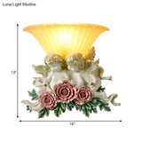 Retro Flared Frosted Glass Wall Lamp - 1-Light Yellow Sconce With Pink/Beige Rose Detail