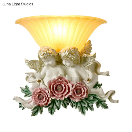 Retro Flared Frosted Glass Wall Lamp - 1-Light Yellow Sconce With Pink/Beige Rose Detail