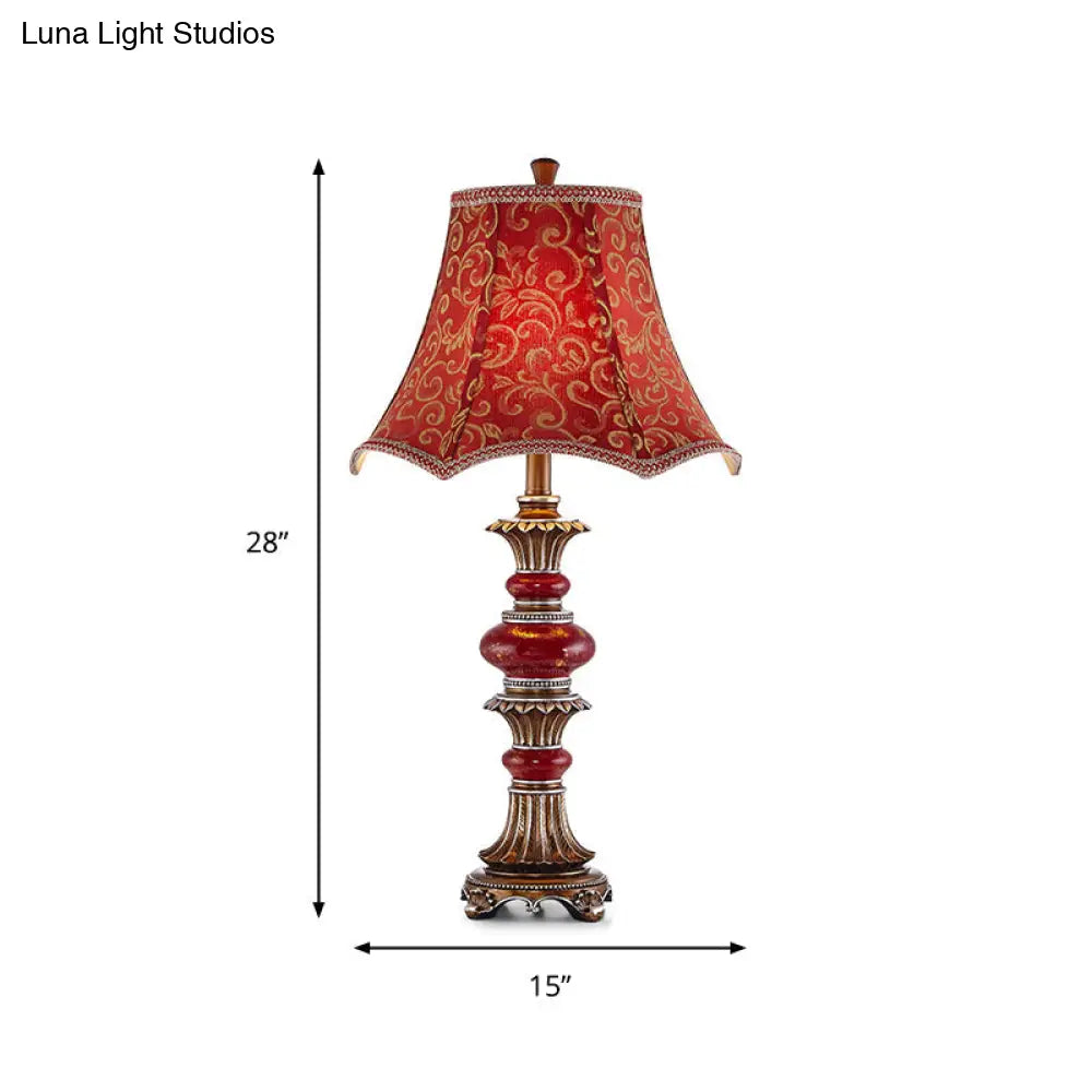 Retro Flared Table Light - Swirl Patterned Fabric Night Lamp In Red